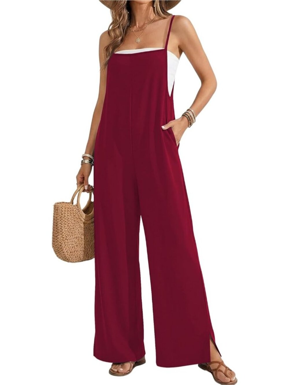Women Jumpsuits Dark Red Casual Summer Wide Leg Sleeveless Rompers With Pockets
